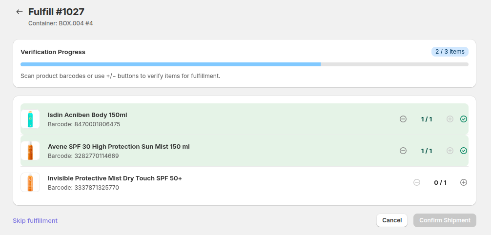 Fulfillment — item verification and tracking