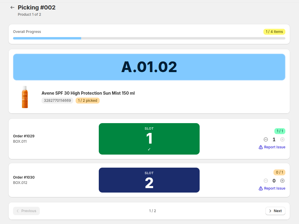 Picking round — item checklist with location