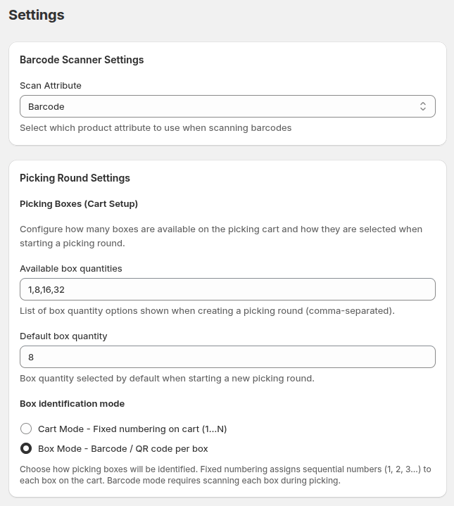 Settings page — app configuration
